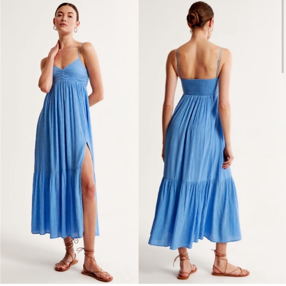Blue Abercrombie Ruched Crinkle Maxi Dress